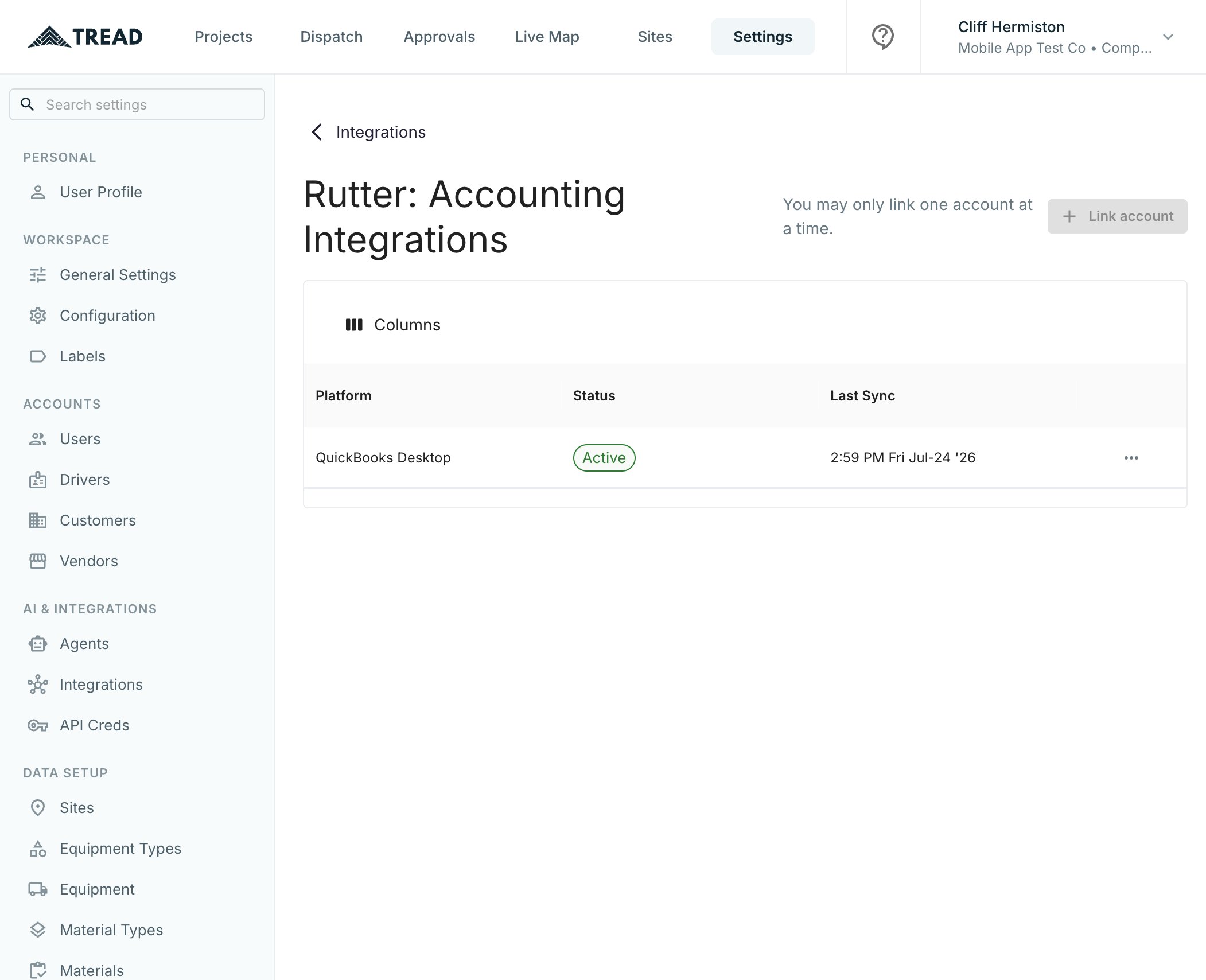 Rutter connections table showing a QuickBooks Desktop connection with status Active and last sync time