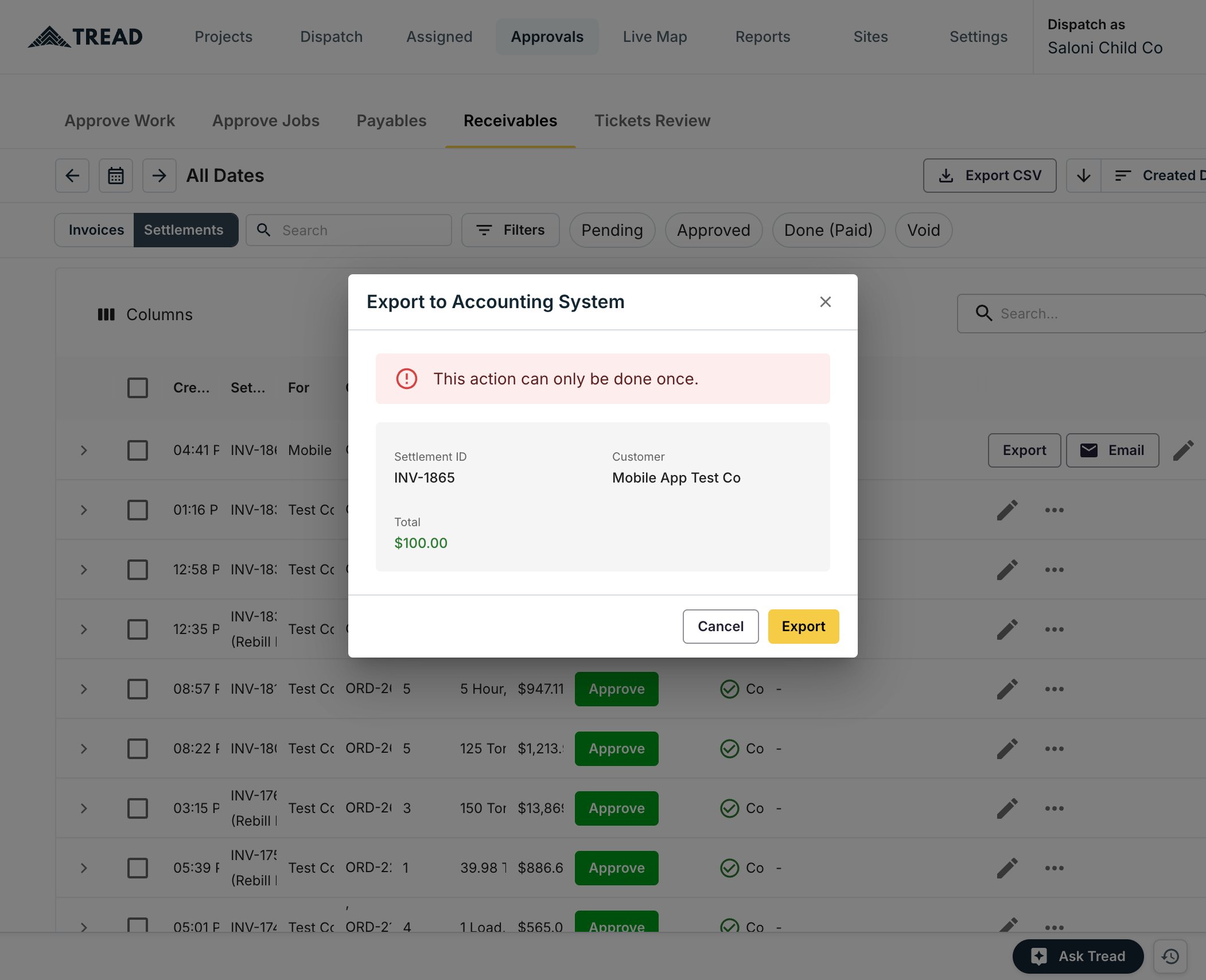 Export to Accounting System dialog with Settlement ID, customer, total, and a once-only warning