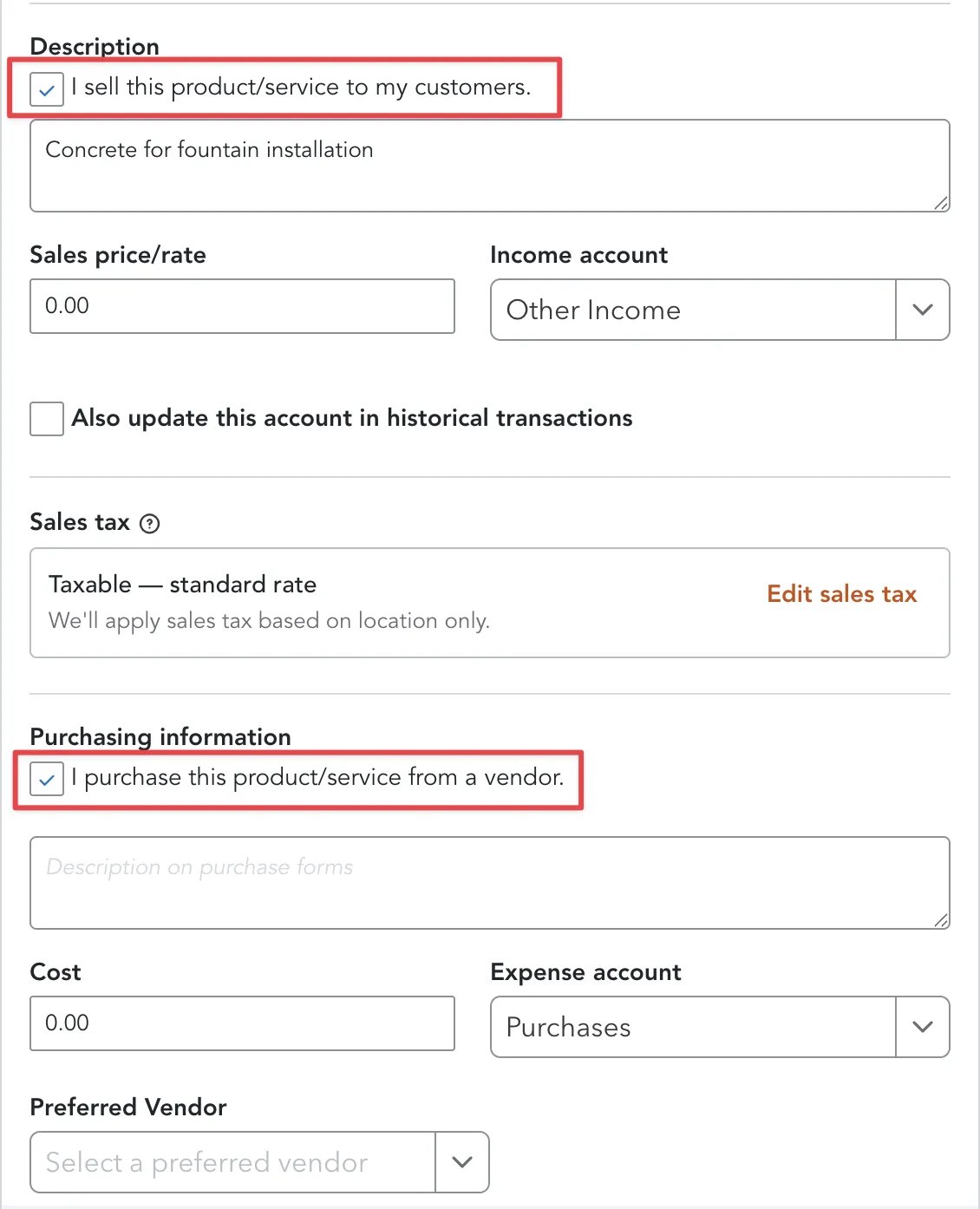 QuickBooks item settings with the sell-to-customers and purchase-from-vendor checkboxes highlighted