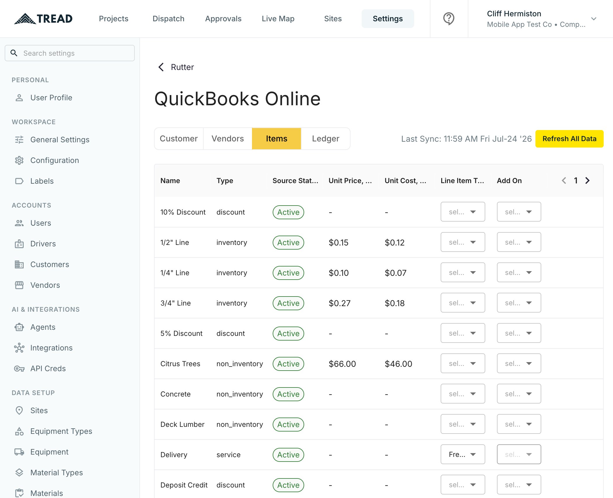 Items tab with QuickBooks items mapped to Freight and Material line item types and a Dump Fee add-on