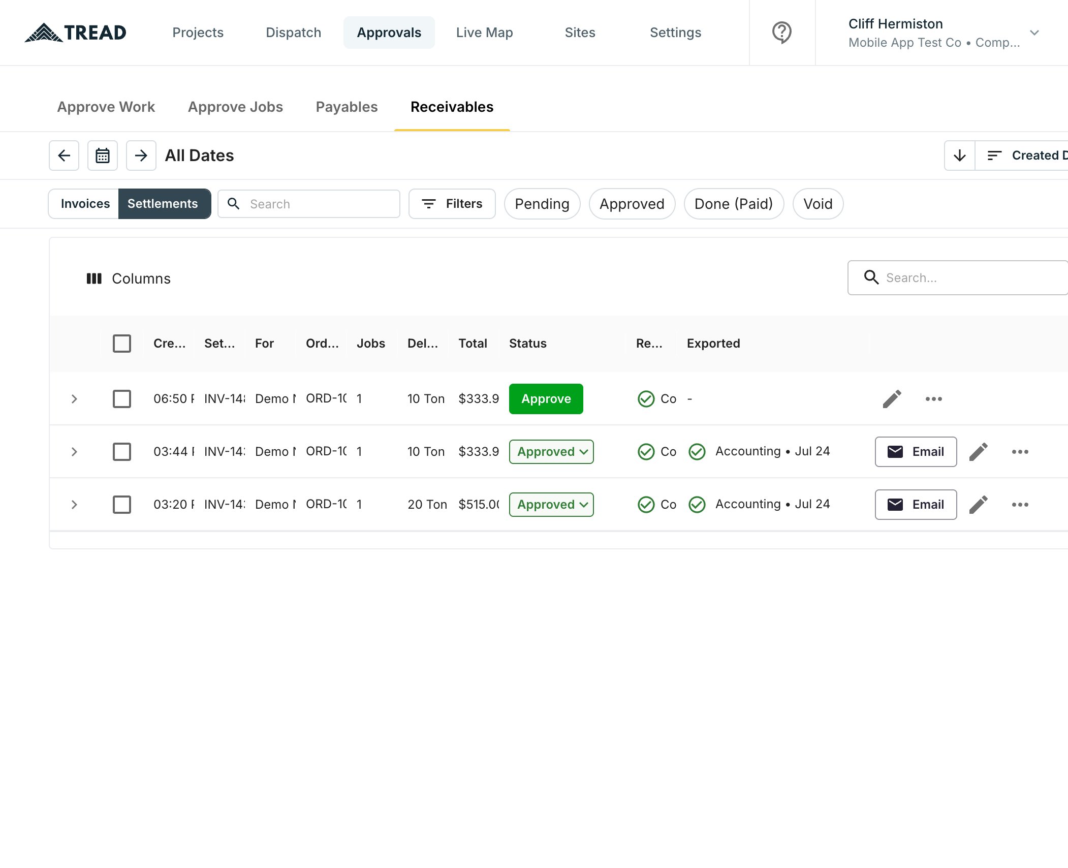 Settlements tab with a pending Settlement awaiting approval and two already exported to accounting