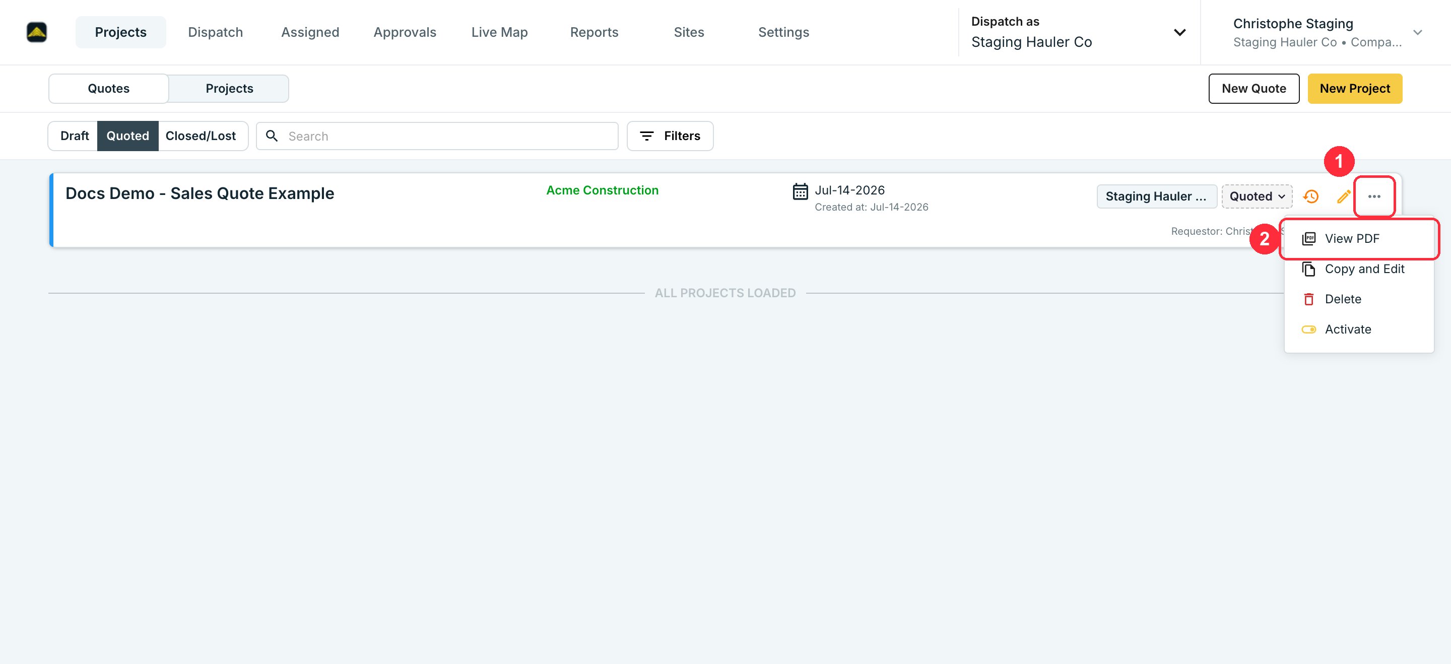 The quote actions menu with View PDF highlighted