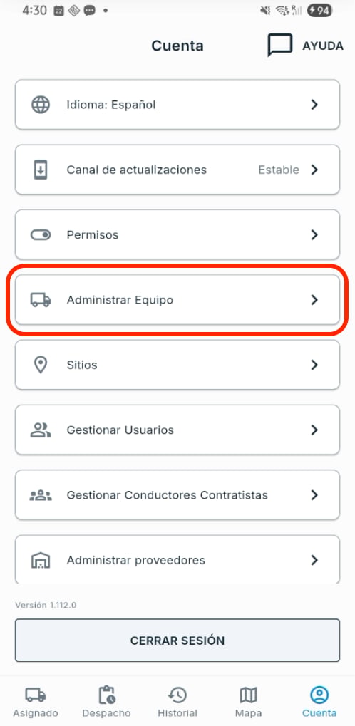 Agregar camiones en el celular: Cuenta → Administrar Equipo → + AGREGAR