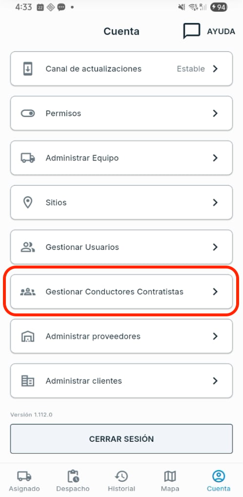 Agregar choferes en el celular: Cuenta → Gestionar Conductores Contratistas
