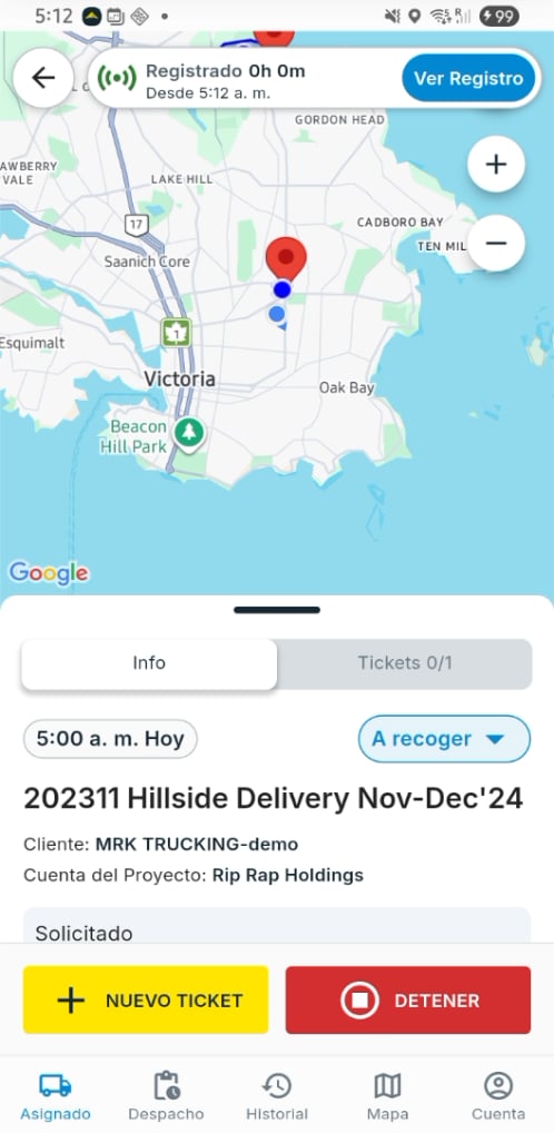 Trabajo activo: botón + NUEVO TICKET