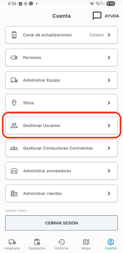 Agregar despachadores y administradores en el celular: Cuenta → Gestionar Usuarios