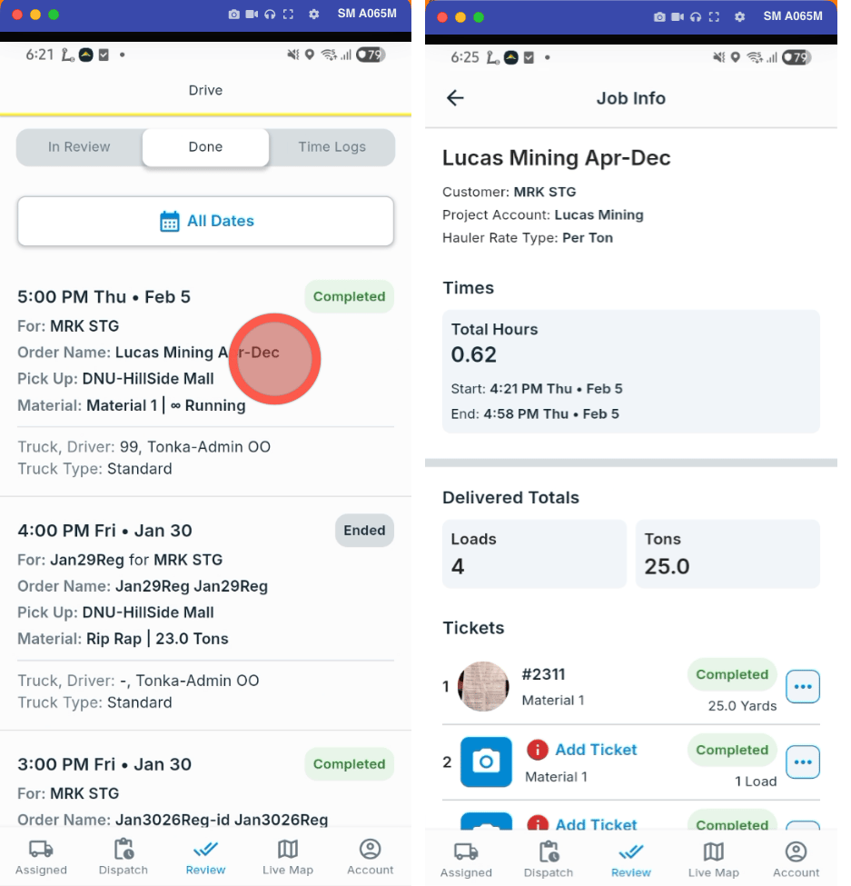 Done tab with a dispatch card selected, and the Job Info screen showing times, delivered totals, and tickets
