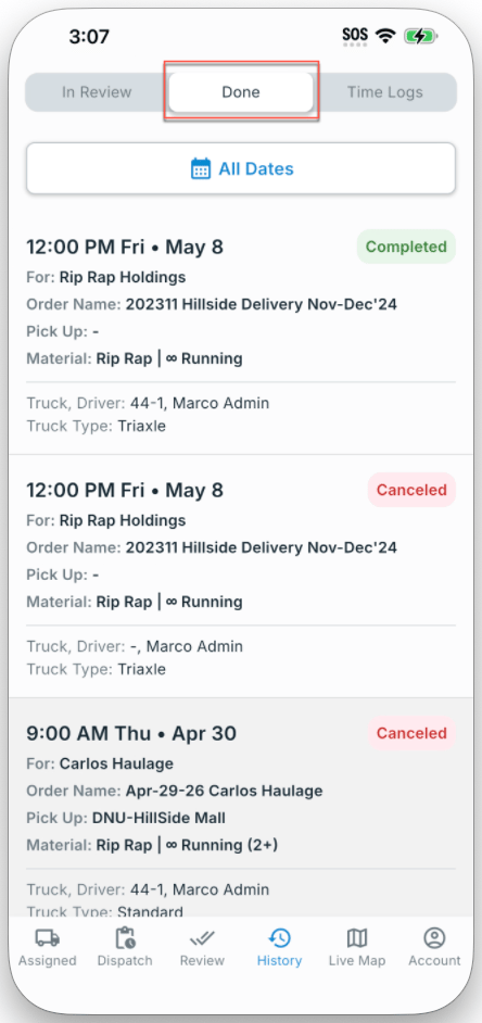 Done tab showing completed and canceled dispatch cards