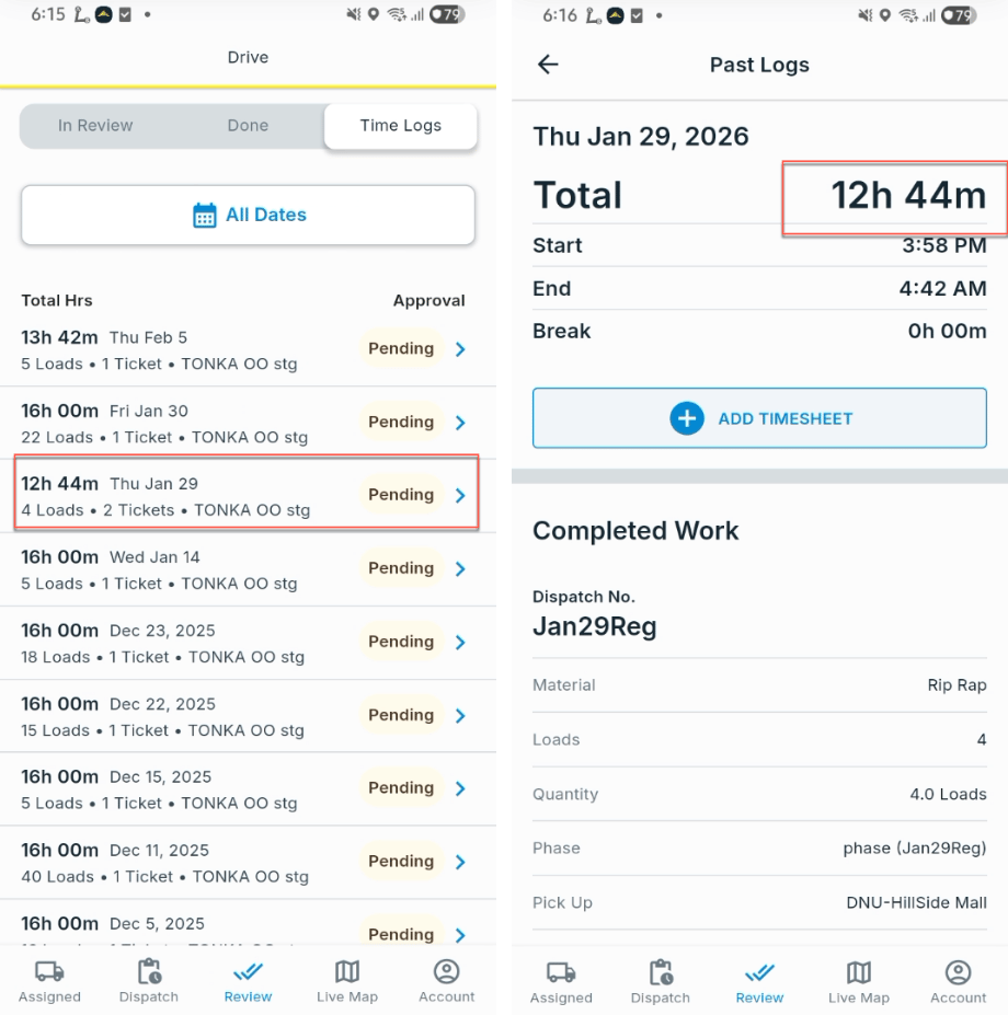 Time Logs tab with a shift selected, and the Past Logs detail showing total hours, start and end times, and completed work