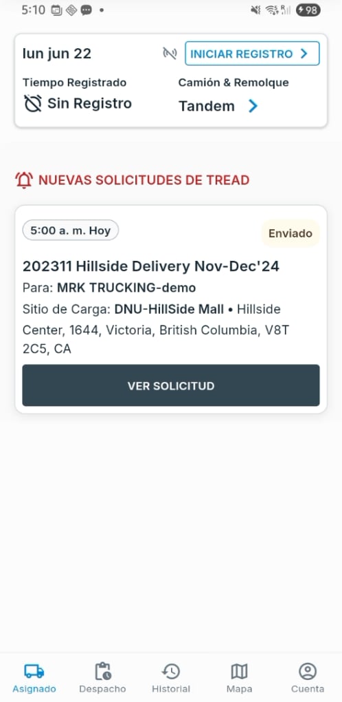 Pestaña Asignado del chofer con una nueva solicitud
