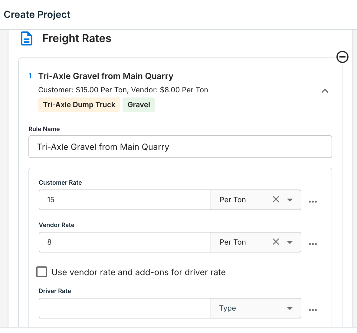 Add rate form with rule name, customer and vendor rates per ton, and Equipment Type and Material condition chips
