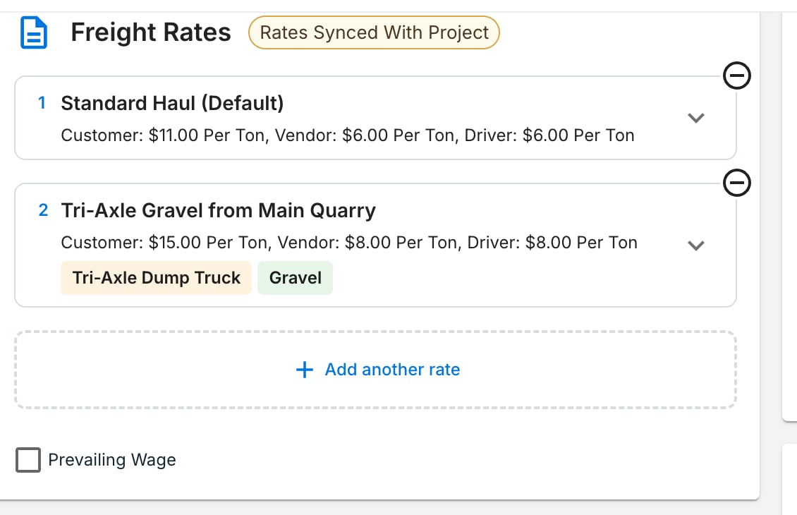 Order form Freight Rates section with the Rates Synced With Project chip and both project rates