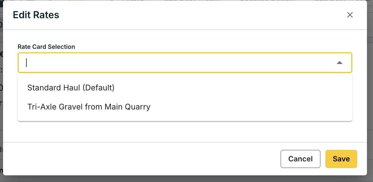 Edit Rates modal on a job with the Rate Card Selection dropdown listing the project rates