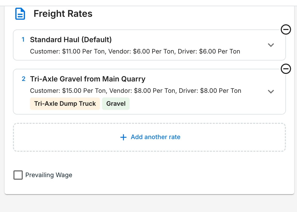 Project Freight Rates panel with two accordion rate rows and condition chips
