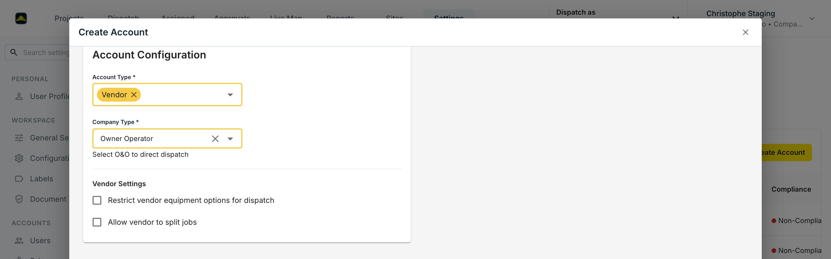 Account Configuration with Account Type Vendor, Company Type Owner Operator, and the Vendor Settings toggles