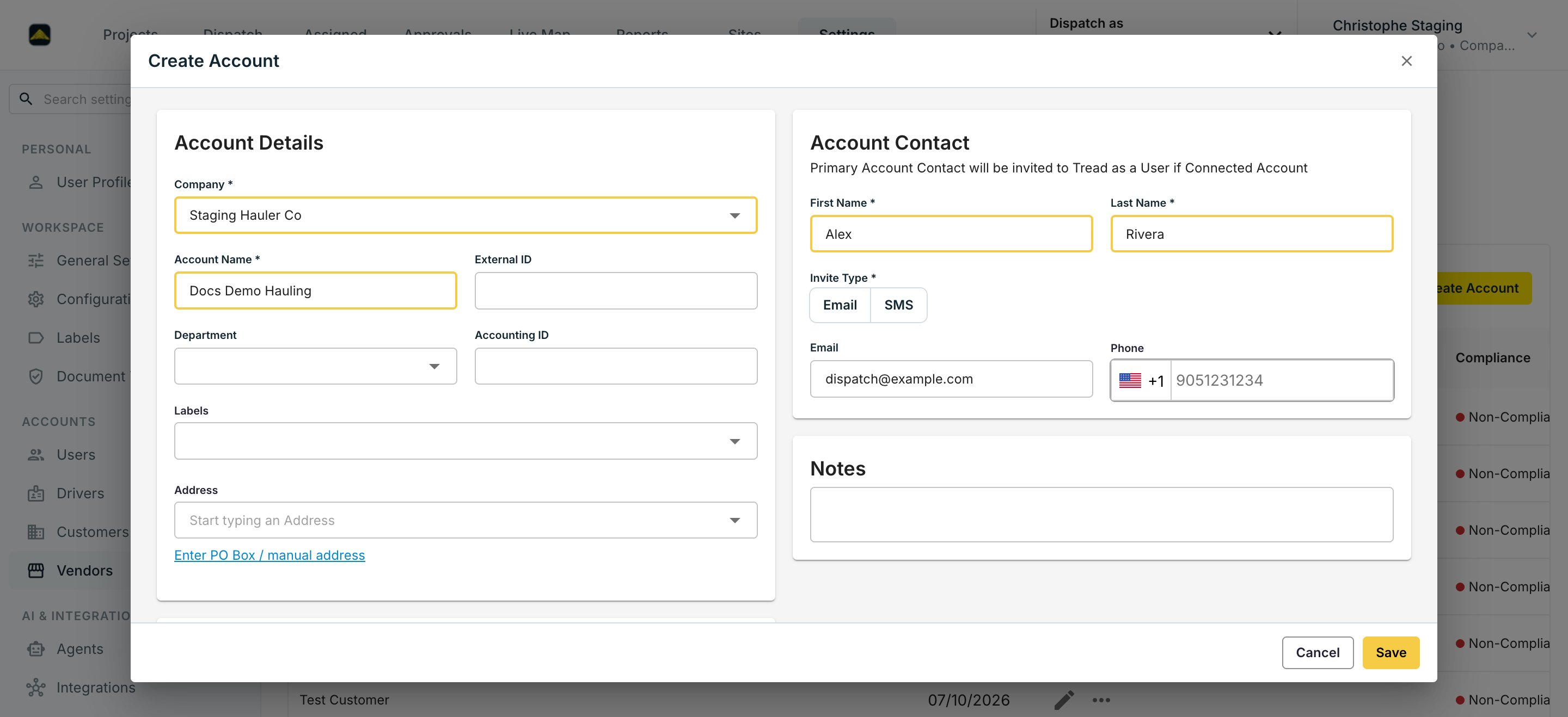 The Create Account dialog with account details and the primary account contact