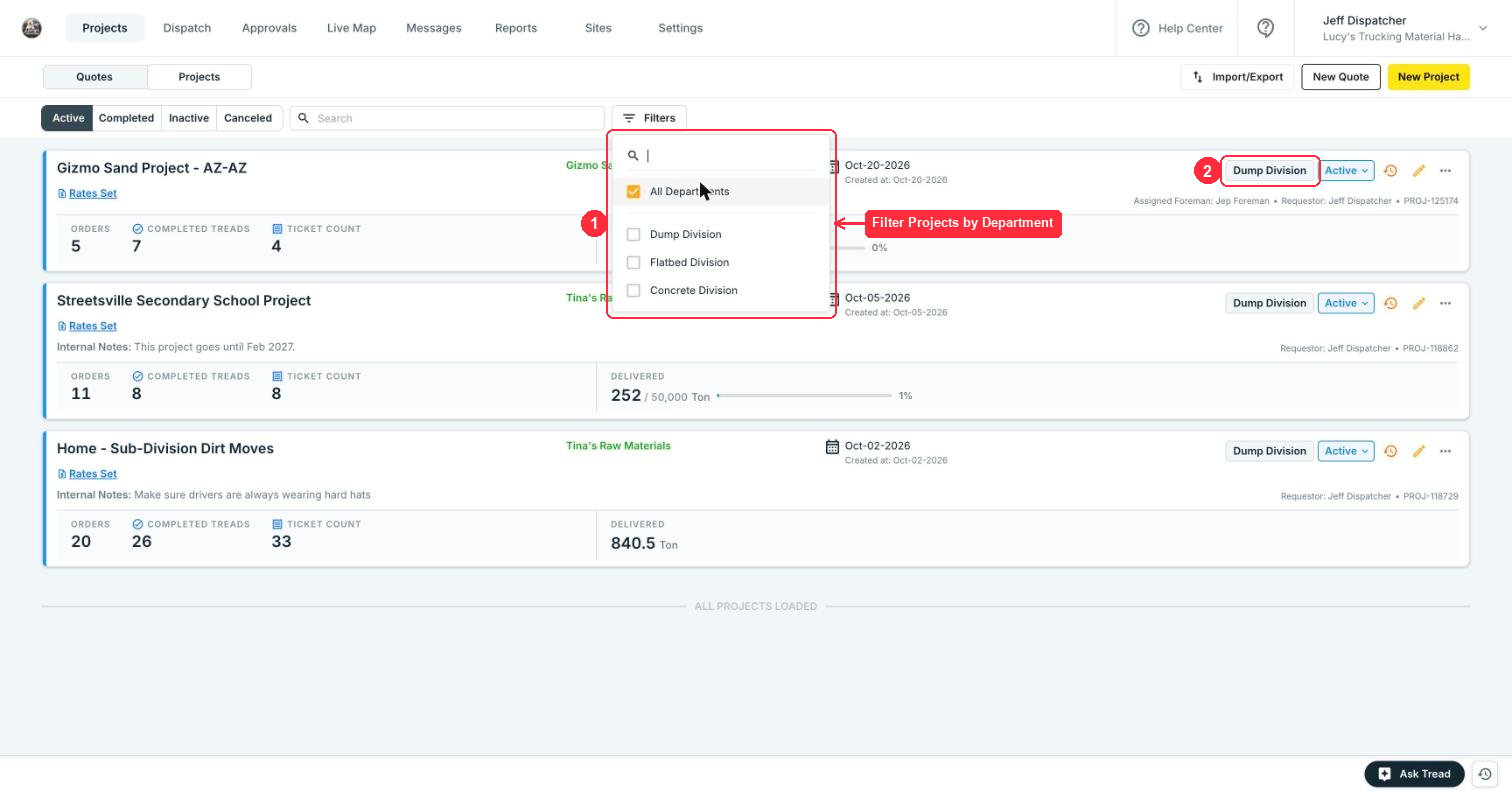 The Projects list with the Departments filter open and a department chip on a Project card