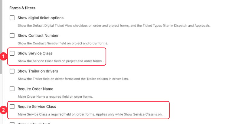 Configuration settings with Show Service Class and Require Service Class highlighted