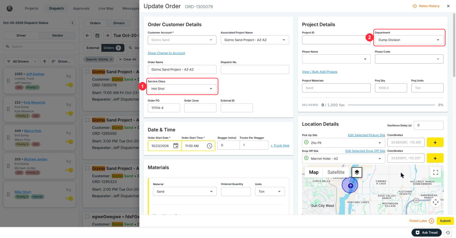The Update Order form with the Service Class and Department fields highlighted