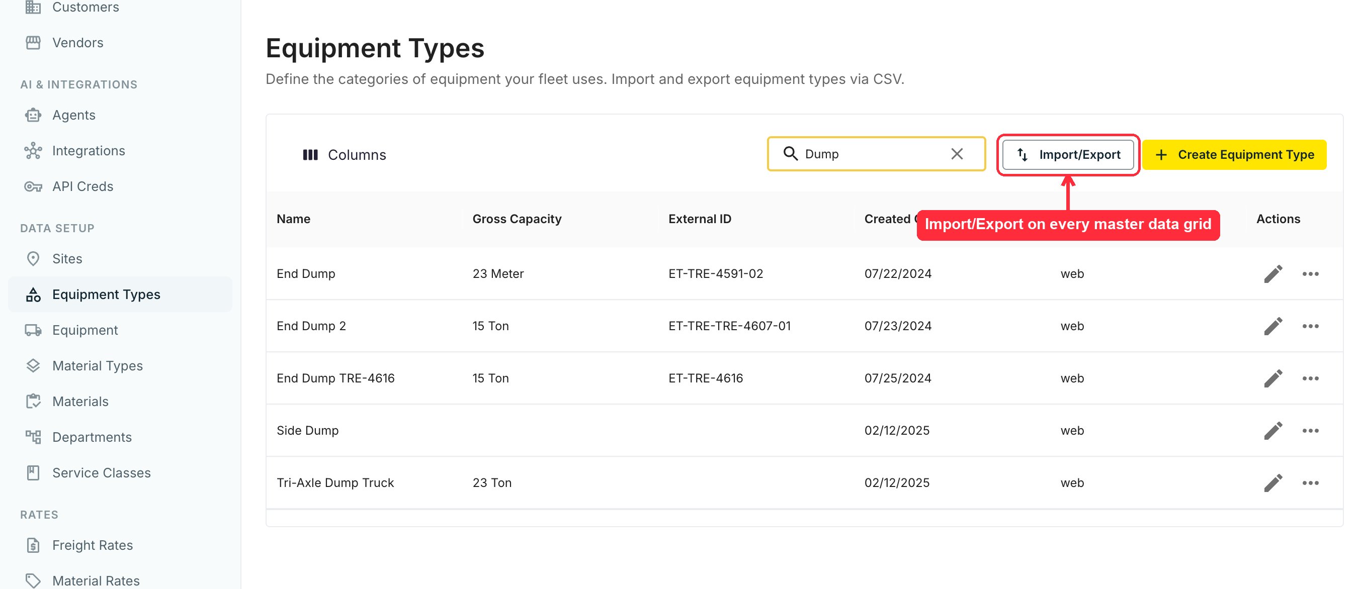Import/Export button on a master data grid in Settings