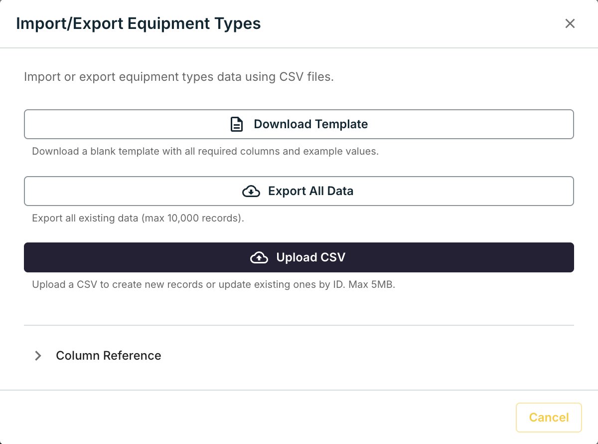 Import/Export dialog with Download Template, Export All Data, and Upload CSV