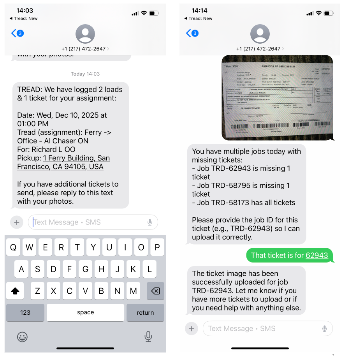 An SMS conversation where Ticket Chaser lists a driver's jobs with missing tickets, the driver replies with a job ID, and Ticket Chaser confirms the ticket upload