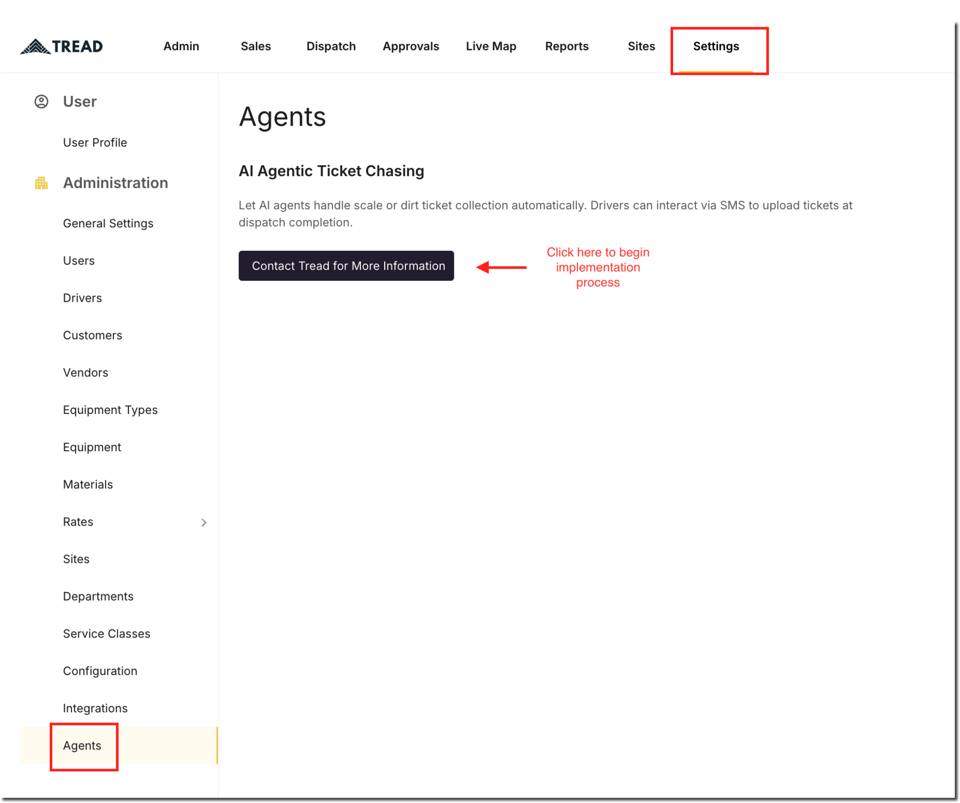 Settings → Agents showing the AI Agentic Ticket Chasing section with the Contact Tread for More Information button