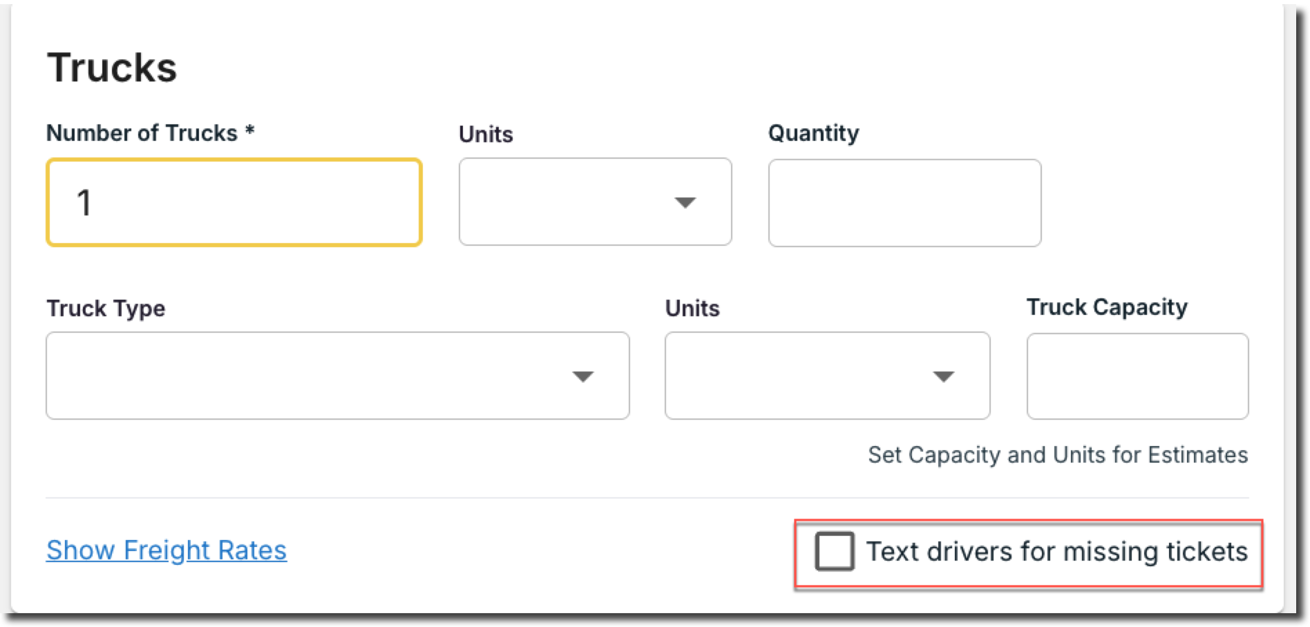 The Text drivers for missing tickets checkbox on a project's order defaults, next to the Trucks section