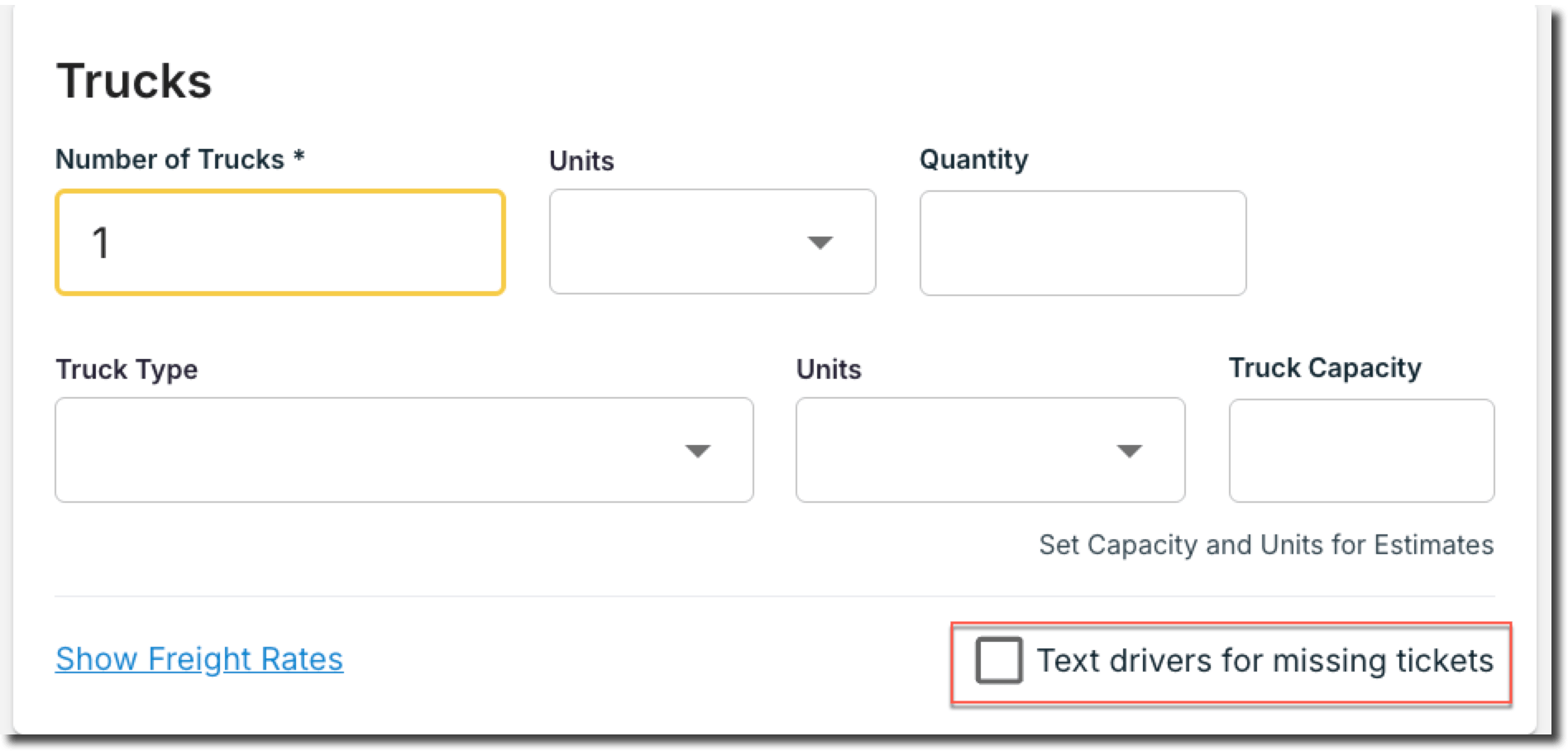 The Text drivers for missing tickets checkbox on a project's order defaults, next to the Trucks section