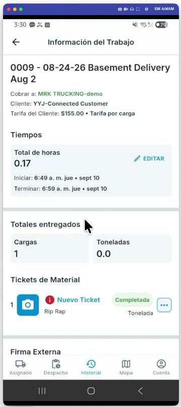 La pantalla Información del Trabajo de un trabajo completado