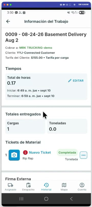 La pantalla Información del Trabajo de un trabajo completado