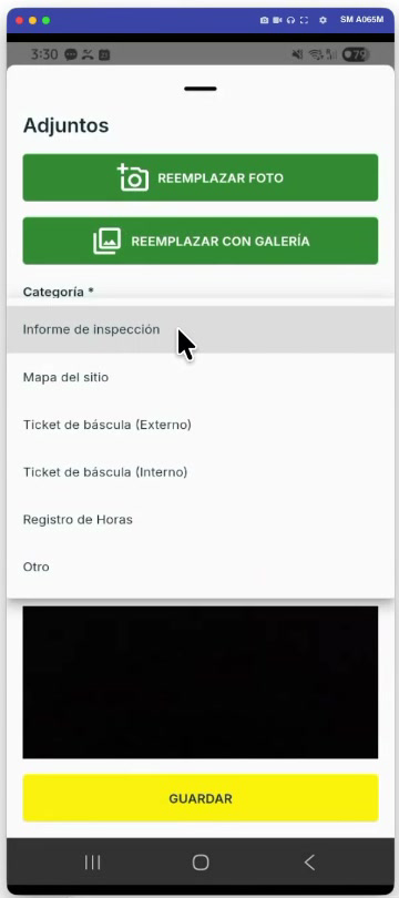 La lista de categorías con la opción Registro de Horas