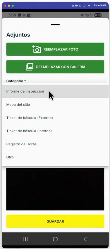 La lista de categorías con la opción Registro de Horas