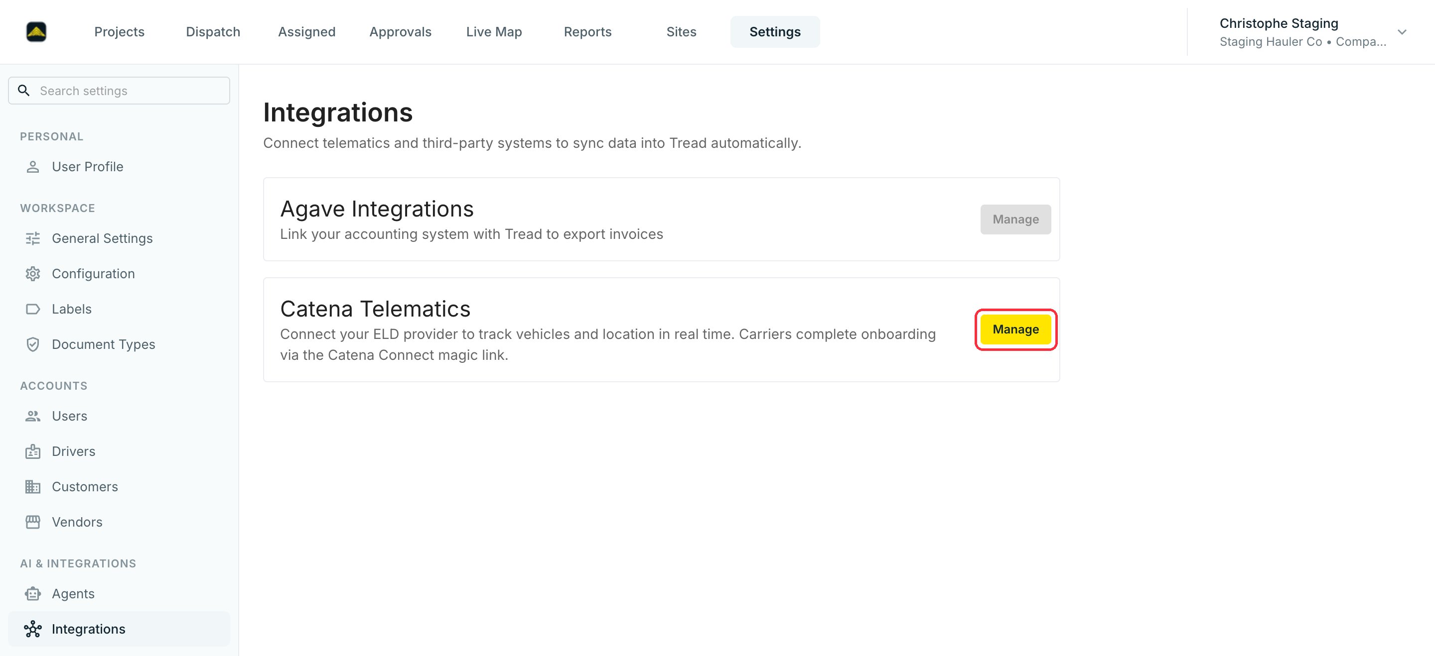 The Integrations settings panel with the Catena Telematics Manage button highlighted