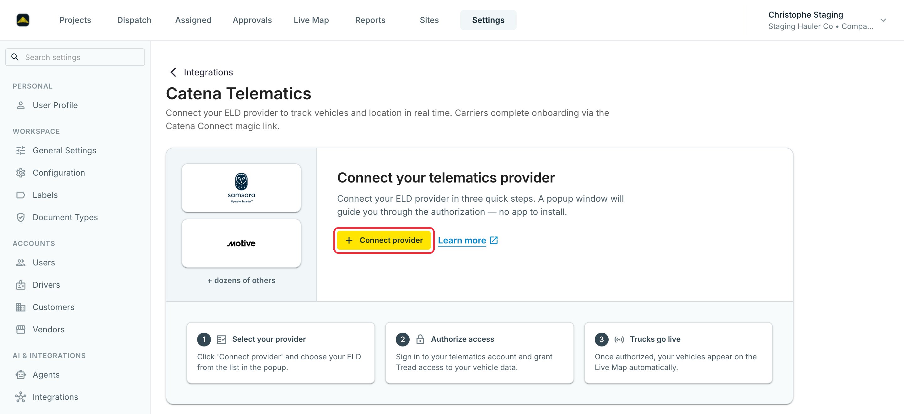 The Catena Telematics page with the Connect provider button highlighted and the three connection steps