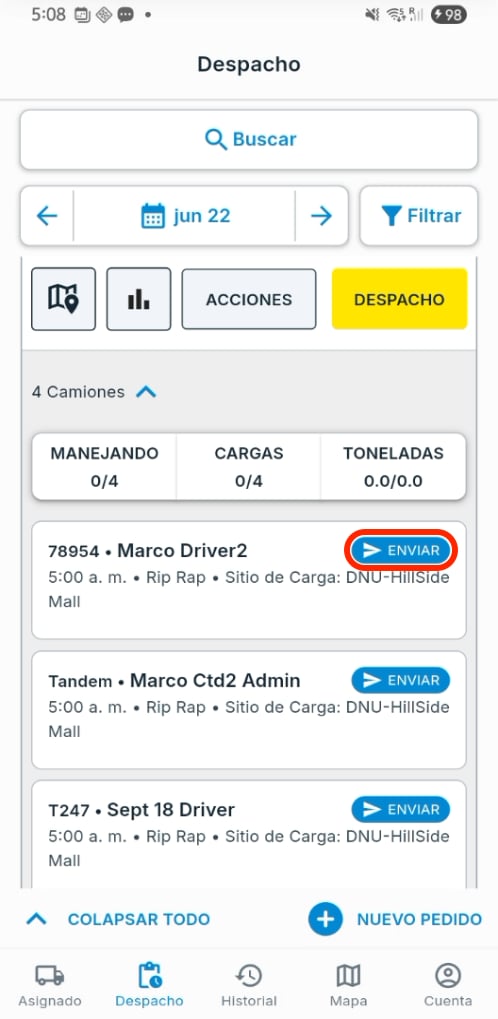Enviar el trabajo al chofer desde el móvil