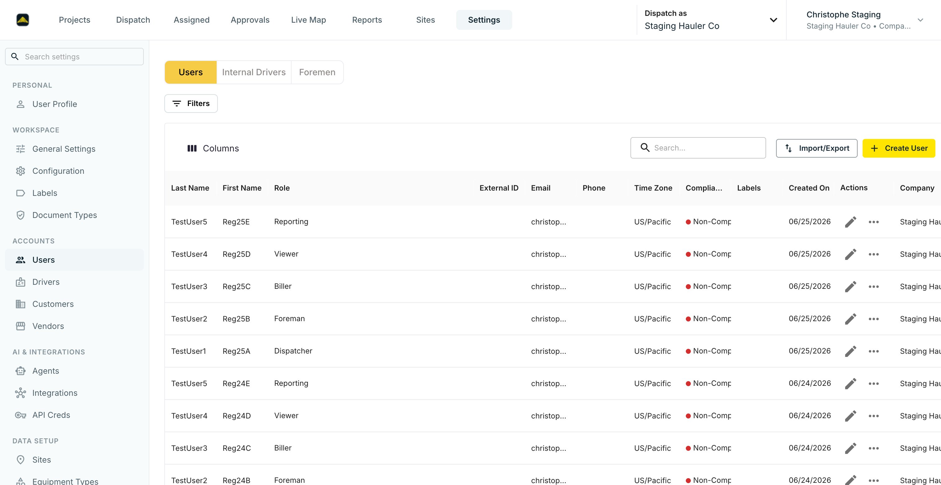 Settings → Users panel with the user list, search, Import/Export, and Create User button