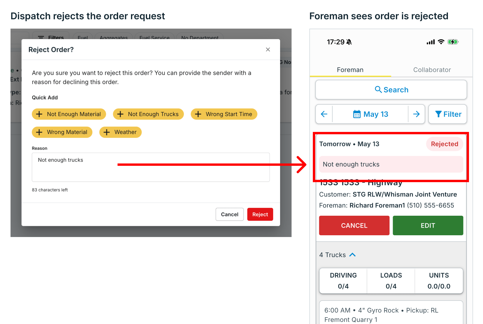 Dispatch Rejects Order And Foreman Sees Order Is Rejected