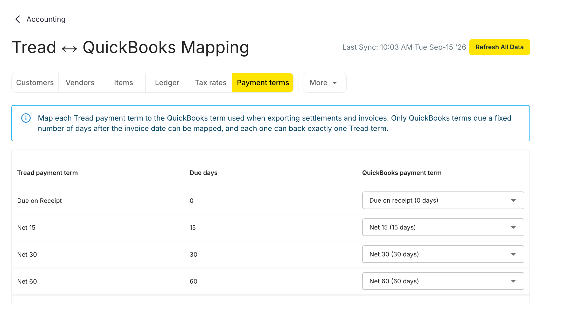 Payment terms tab listing Tread payment terms with their due days and a QuickBooks payment term dropdown for each