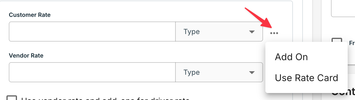 Rate overflow menu open with Add On and Use Rate Card options