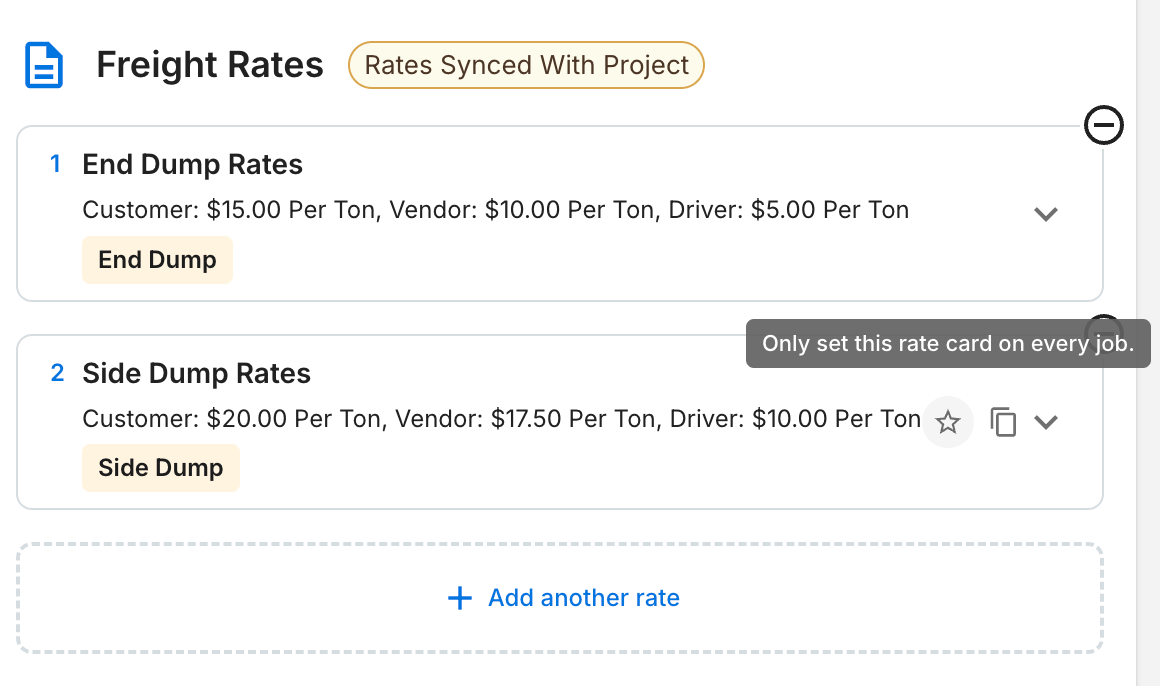 Order Freight Rates with the Rates Synced With Project chip and the star control to set one rate card on every job