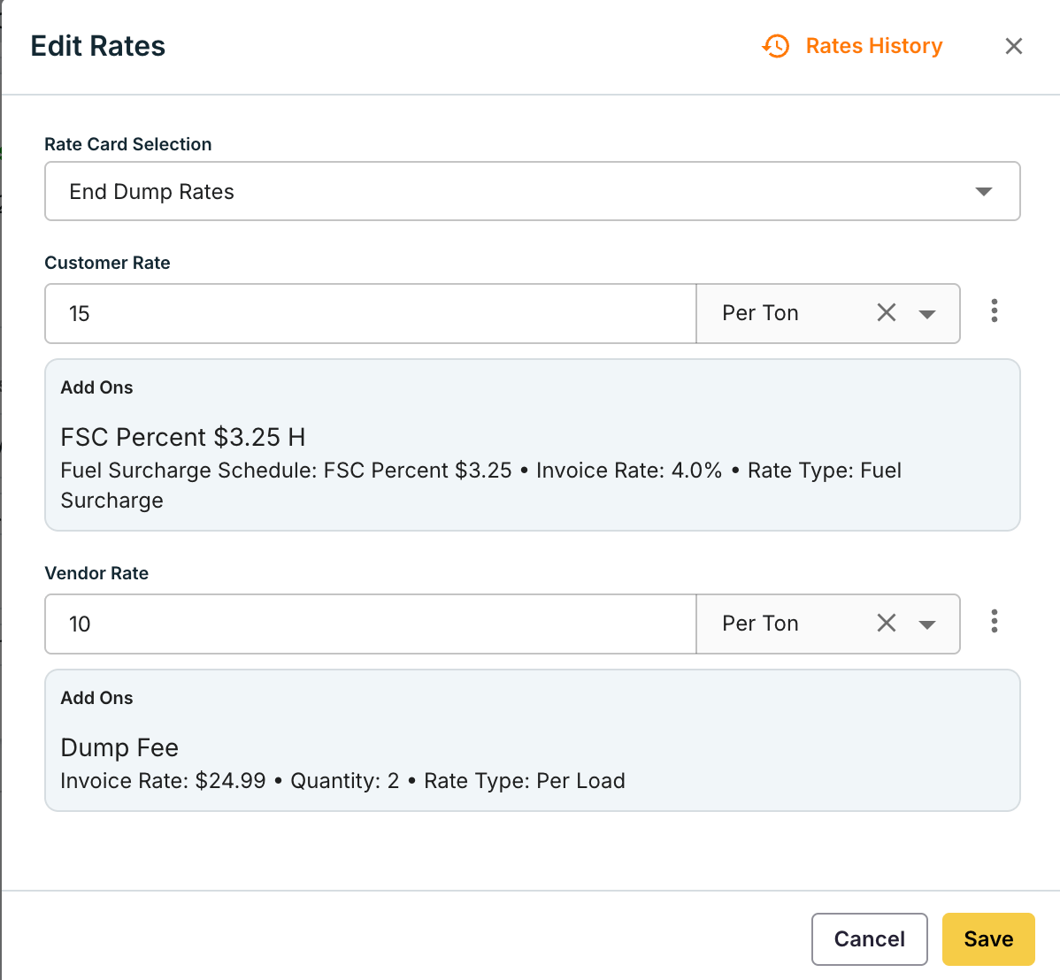 Edit Rates form with Rate Card Selection, customer and vendor rates, their add-ons, and the Rates History button