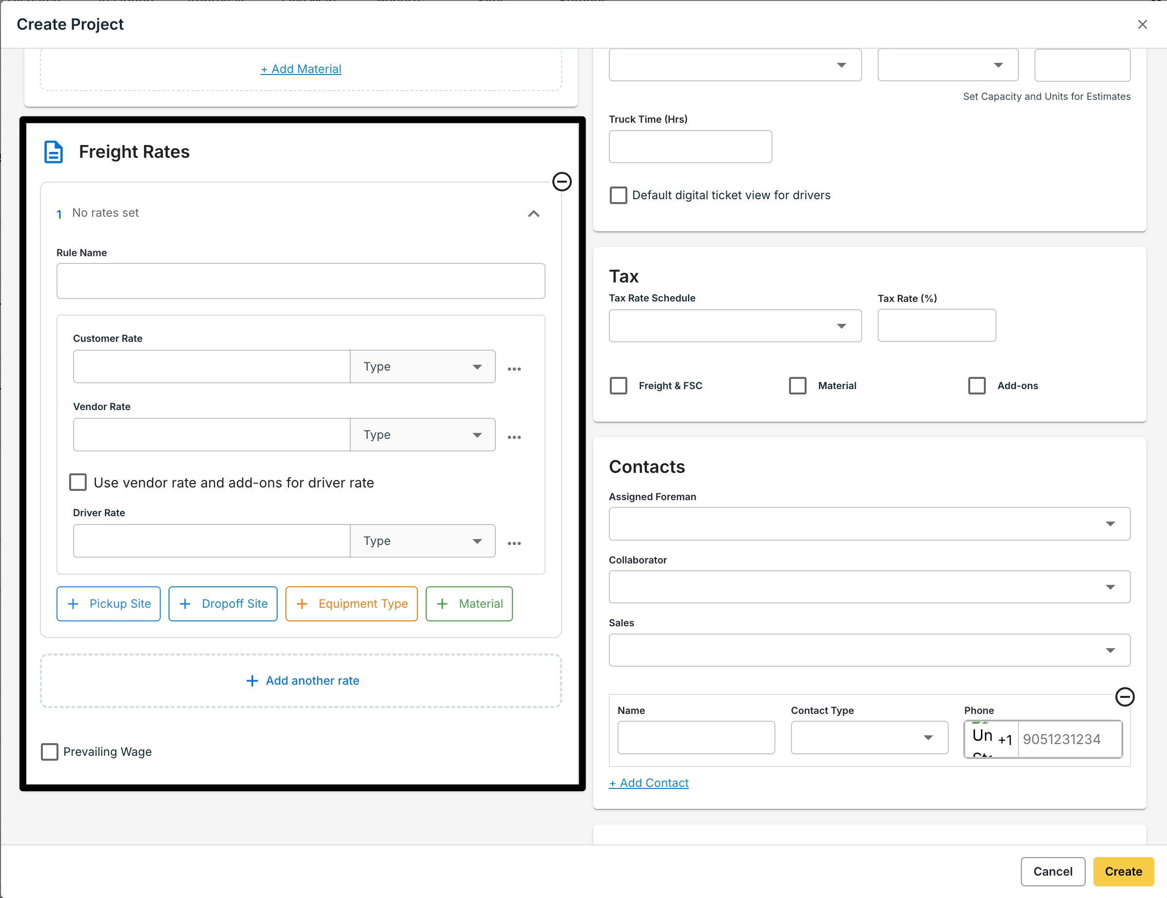 Freight Rates panel on the project form with an empty rate, rate value fields, and condition buttons