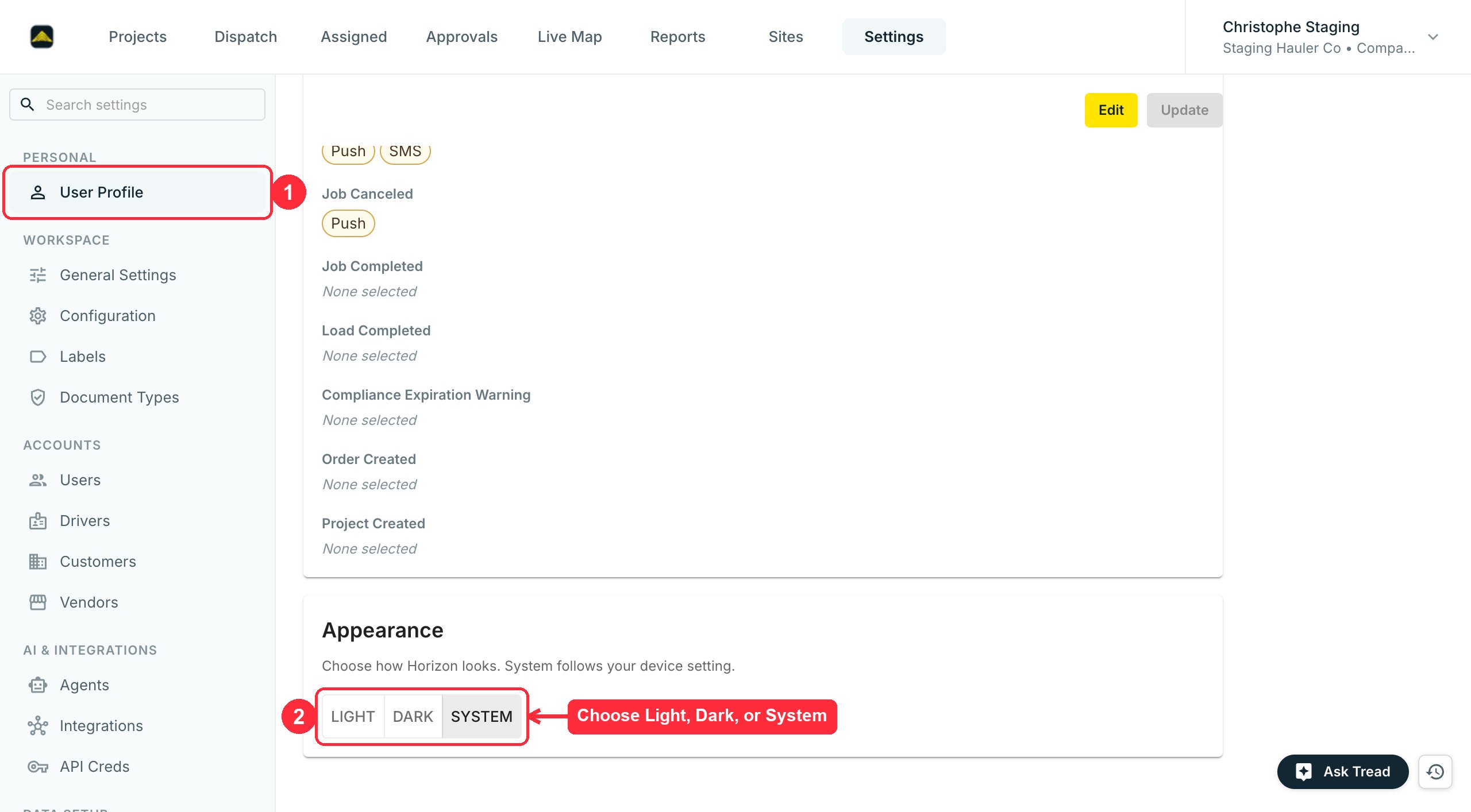 Appearance setting in Settings, User Profile with the System, Light and Dark options