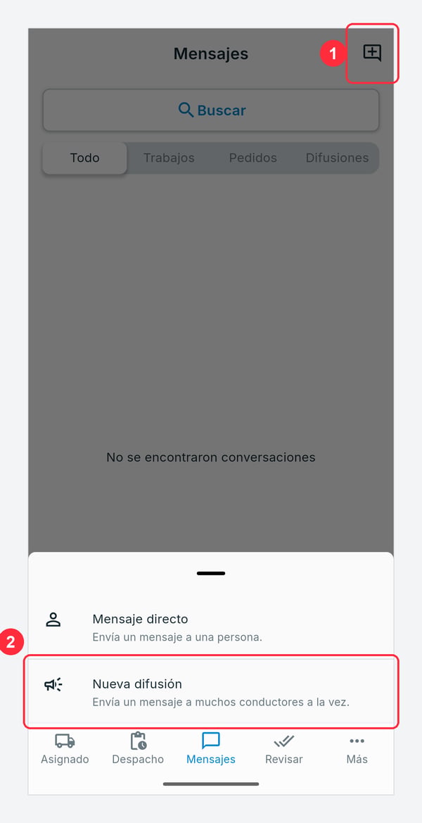 Pestaña Mensajes: el ícono Mensaje nuevo (1) abre una hoja con Mensaje directo y Nueva difusión (2)