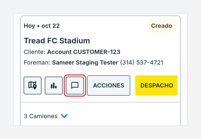 Tarjeta de pedido en Despacho con el ícono de chat Enviar Mensaje a los Conductores resaltado