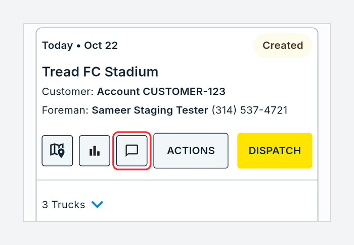 Dispatch tab order card with the Message Drivers chat icon highlighted
