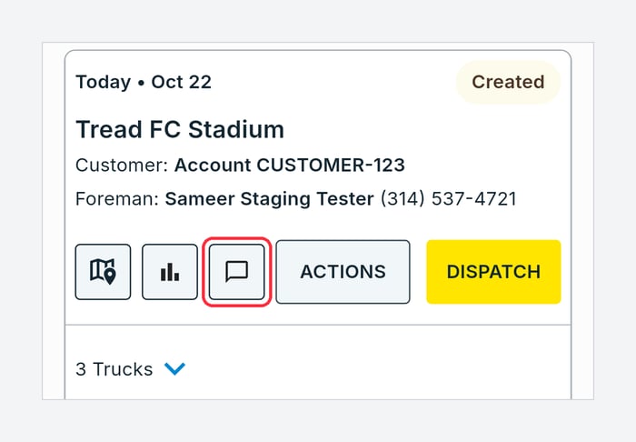 Dispatch tab order card with the Message Drivers chat icon highlighted