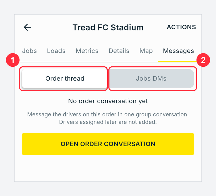 Order Messages tab with the Order thread and Jobs DMs sub-tabs numbered 1 and 2