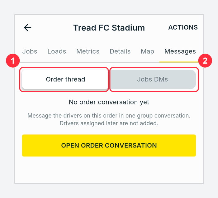 Order Messages tab with the Order thread and Jobs DMs sub-tabs numbered 1 and 2